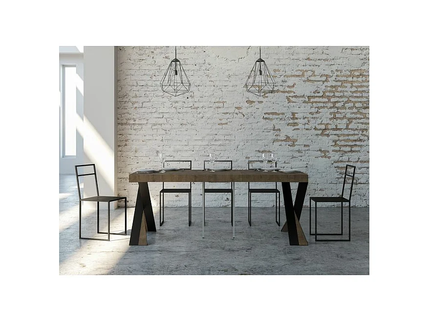 Console extensible design bois et pieds croisés acier anthracite Diago 90x40-196 ou 90x40-300-Couleur Marron-Support 4 pieds-5 rallonges épaisses