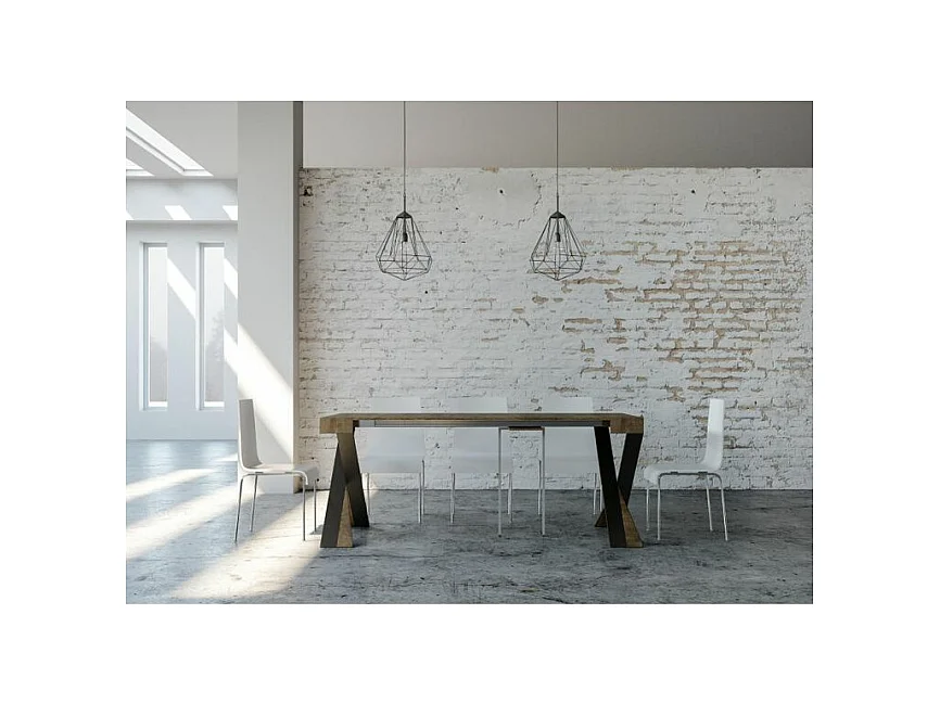 Console extensible design bois et pieds croisés acier anthracite Diago 90x40-196 ou 90x40-300-Couleur Marron-Support 4 pieds-5 rallonges épaisses