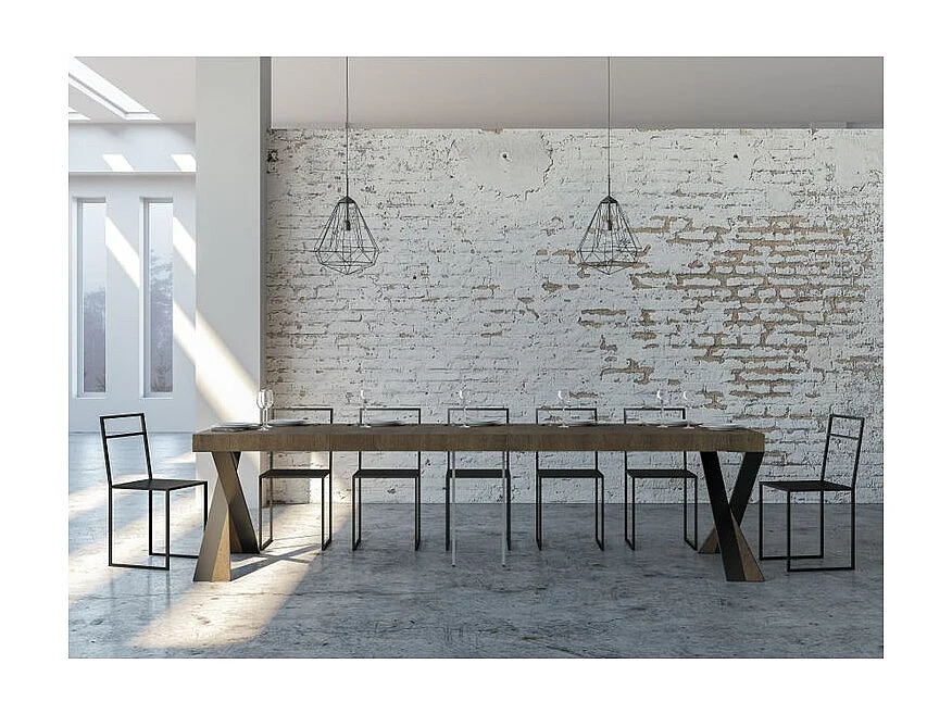 Console extensible design bois et pieds croisés acier anthracite Diago 90x40-196 ou 90x40-300-Couleur Marron-Support 4 pieds-5 rallonges épaisses