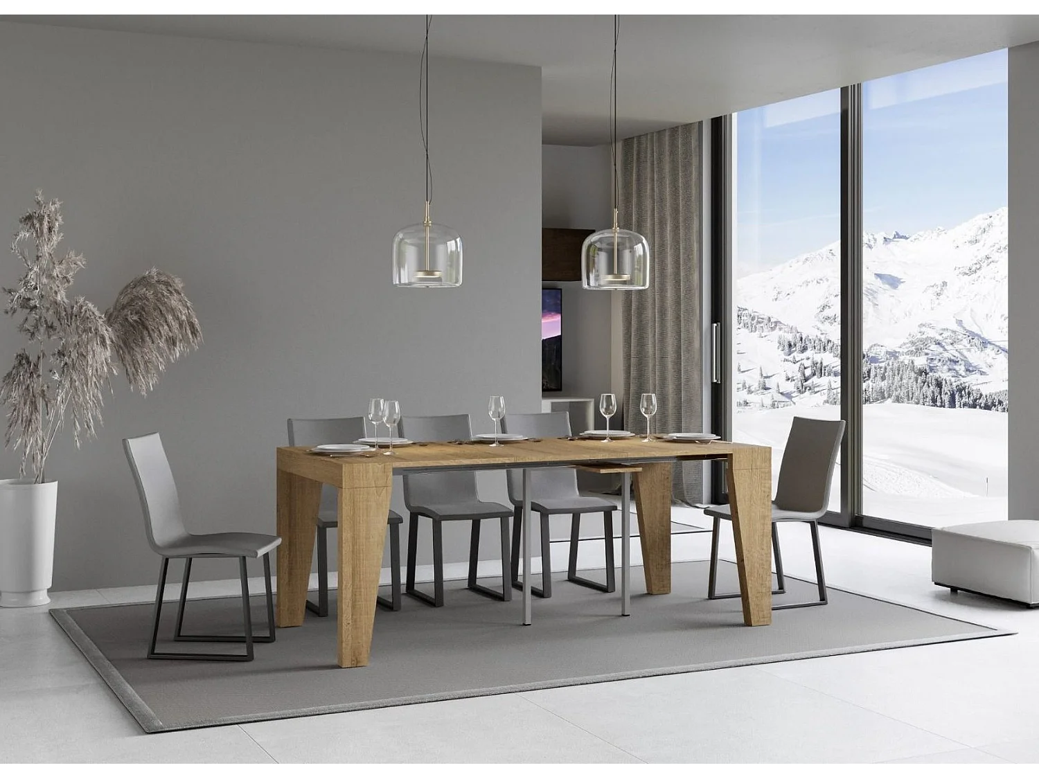 Console extensible en bois moderne 90x40-196 ou 90x40-300 Naxo-Couleur Naturel-Support 2 pieds-5 rallonges