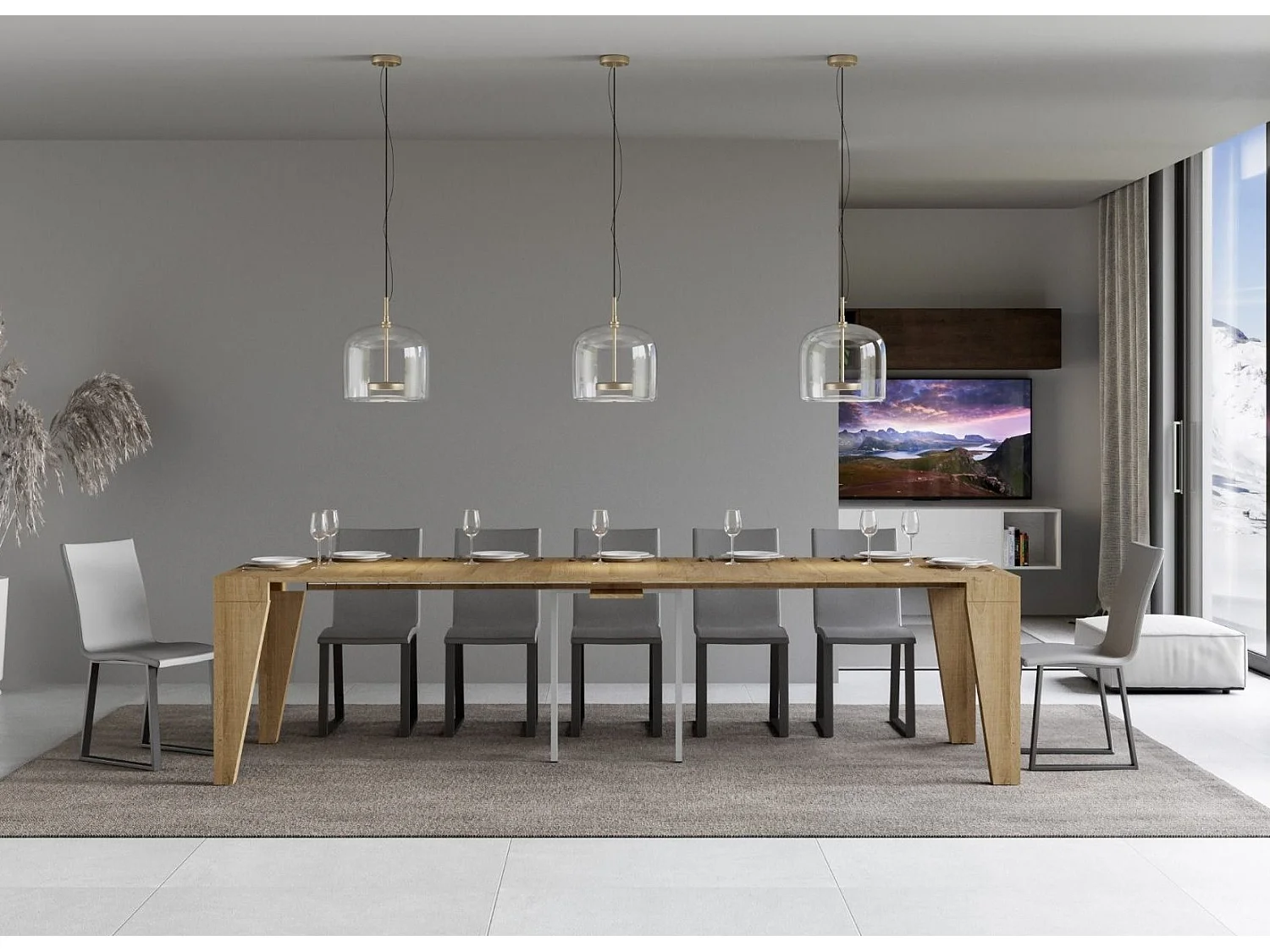 Console extensible en bois moderne 90x40-196 ou 90x40-300 Naxo-Couleur Naturel-Support 2 pieds-5 rallonges