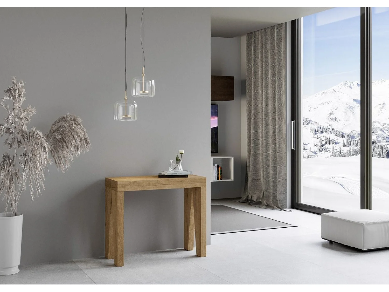 Console extensible en bois moderne 90x40-196 ou 90x40-300 Naxo-Couleur Naturel-Support 2 pieds-5 rallonges