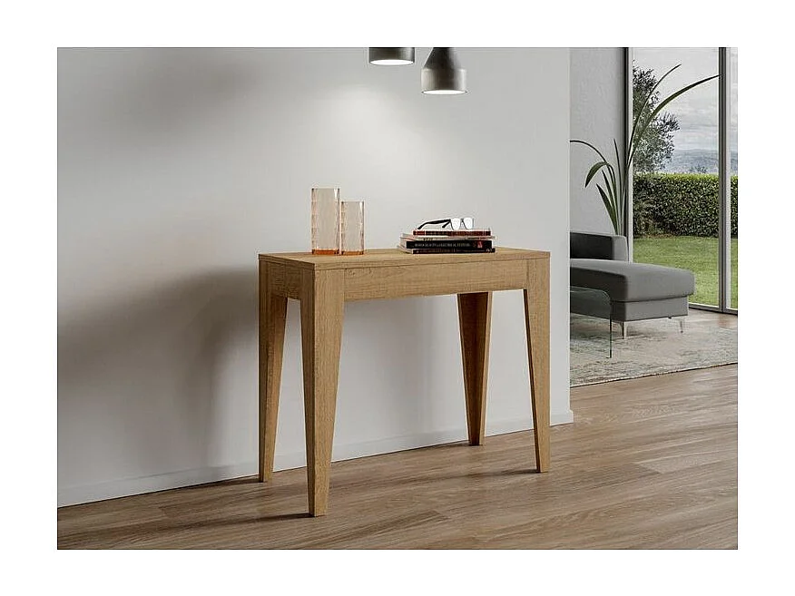 Console extensible moderne en bois Kanda 90x42-198 ou 90x42-302-Couleur Naturel-Support 4 pieds-5 rallonges