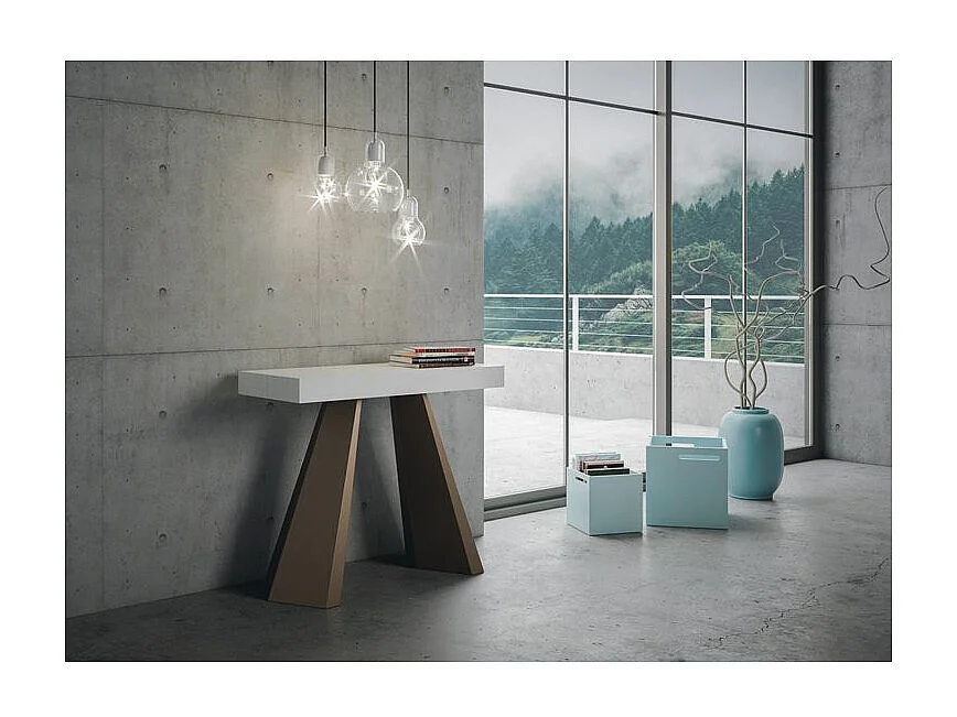 Console extensible design bois et acier marron Diva 90x40-196 ou 90x40-300-Couleur Blanc-3 rallonges épaisses