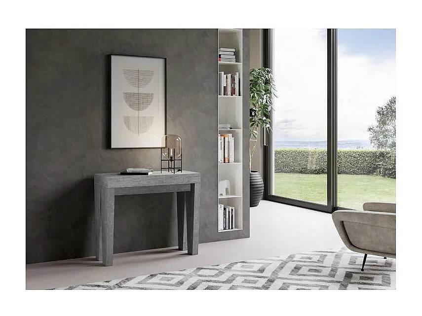 Console extensible en bois Sambo 90x40-196 ou 90x40-300-Couleur Gris ciment-Support 4 pieds-3 rallonges