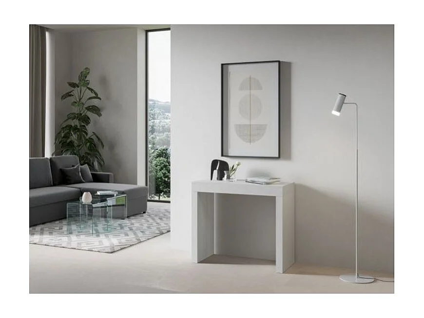 Ribo uitschuifbare houten console 90x40/196 of 90x40/300 cm-Kleur Wit-Voet en steun op zwenkwielen-Verlengsnoeren 3 uitbreidingen