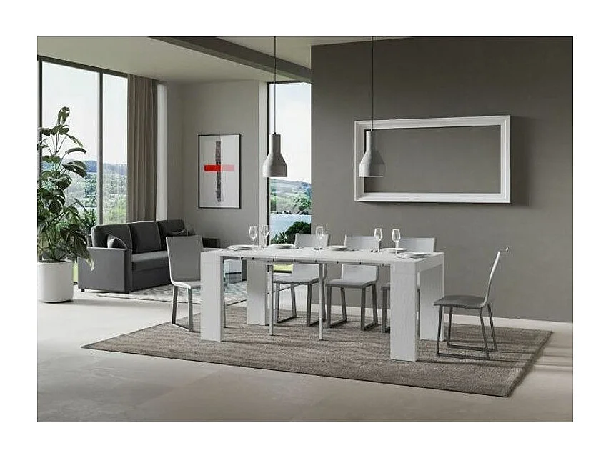 Ribo uitschuifbare houten console 90x40/196 of 90x40/300 cm-Kleur Wit-Voet en steun op zwenkwielen-Verlengsnoeren 3 uitbreidingen