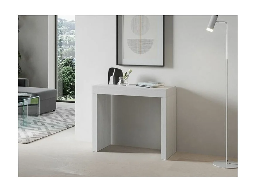 Ribo uitschuifbare houten console 90x40/196 of 90x40/300 cm-Kleur Wit-Voet en steun op zwenkwielen-Verlengsnoeren 3 uitbreidingen