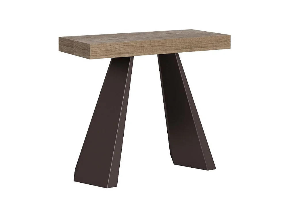 Console extensible design bois et acier marron Diva 90x40-196 ou 90x40-300-Couleur Gris ciment-3 rallonges épaisses