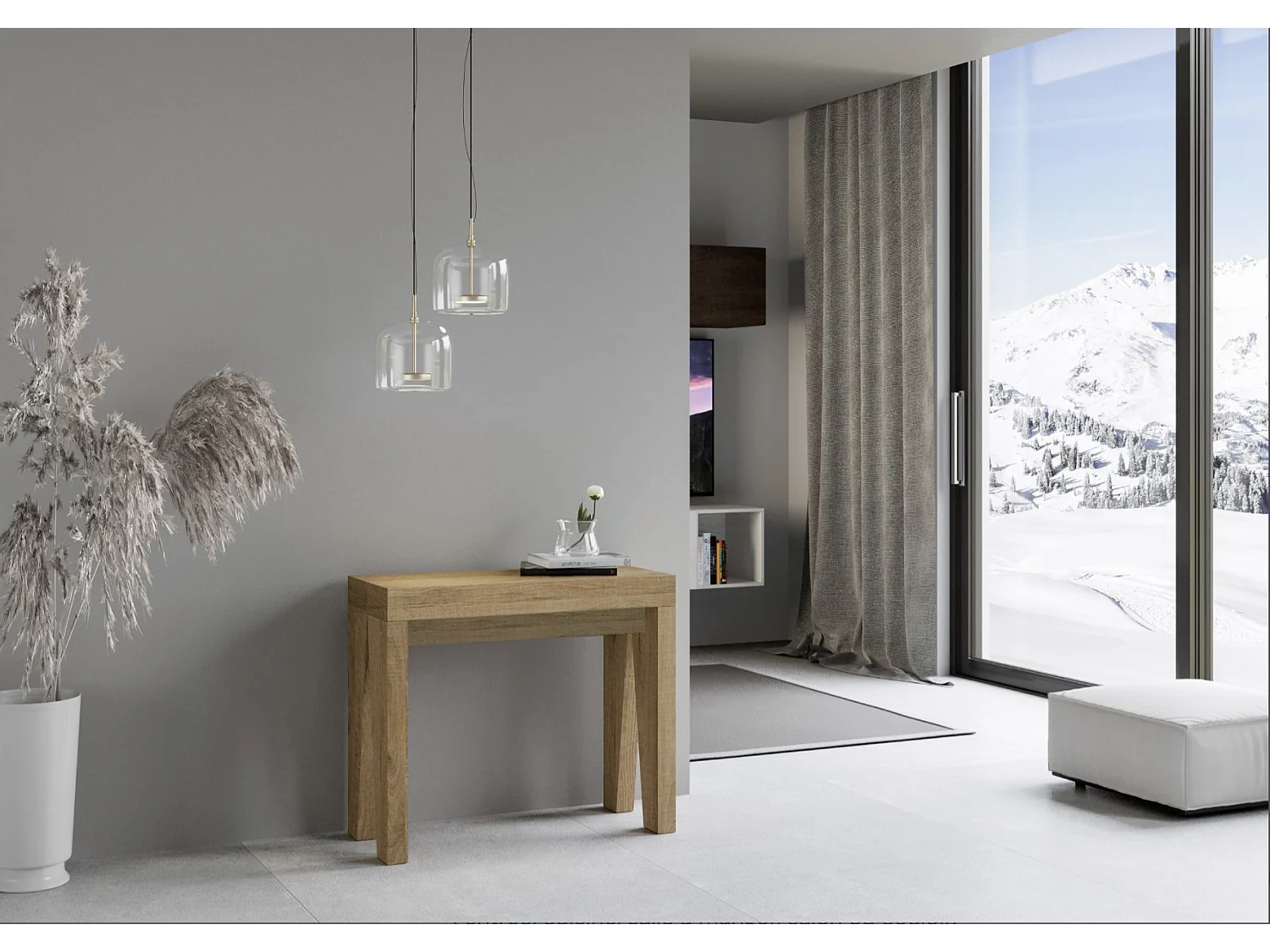 Console extensible en bois moderne 90x40-196 ou 90x40-300 Naxo-Couleur Marron-Support 4 pieds-3 rallonges