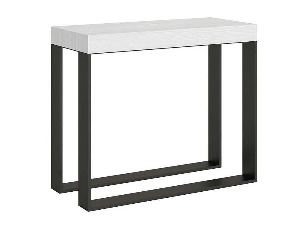 Console extensible bois et 2 pieds acier anthracite Elatra 90x40-196 ou 90x40-300-Couleur Blanc-Support 2 pieds-5 rallonges épaisses