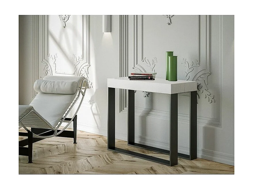Console extensible bois et 2 pieds acier anthracite Elatra 90x40-196 ou 90x40-300-Couleur Blanc-Support 2 pieds-5 rallonges épaisses