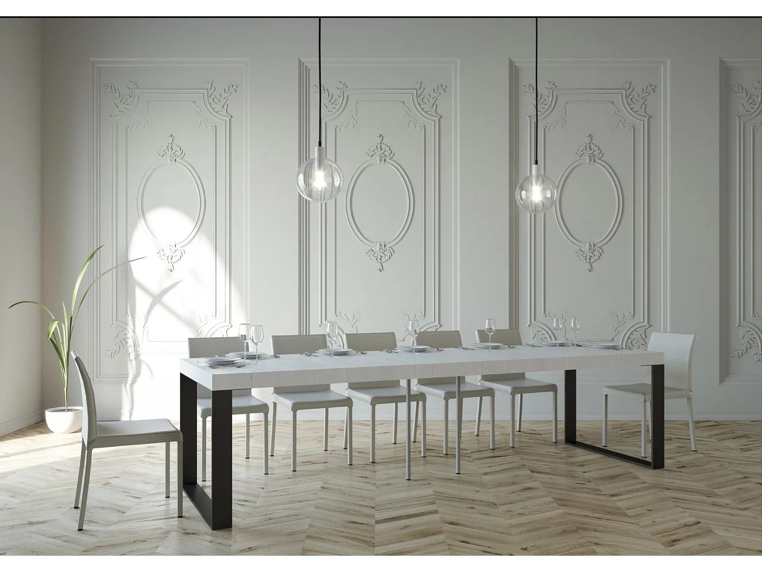 Console extensible bois et 2 pieds acier anthracite Elatra 90x40-196 ou 90x40-300-Couleur Blanc-Support 2 pieds-5 rallonges épaisses