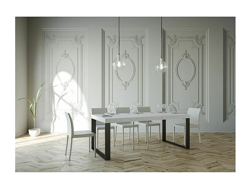 Console extensible bois et 2 pieds acier anthracite Elatra 90x40-196 ou 90x40-300-Couleur Blanc-Support 2 pieds-5 rallonges épaisses