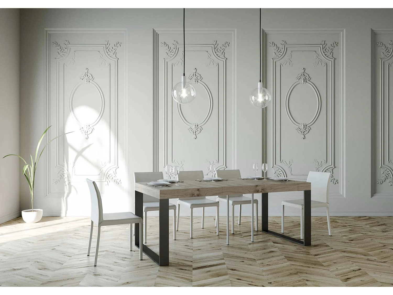 Console extensible bois et 2 pieds acier anthracite Elatra 90x40-196 ou 90x40-300-Couleur Blanc-Support 2 pieds-5 rallonges épaisses