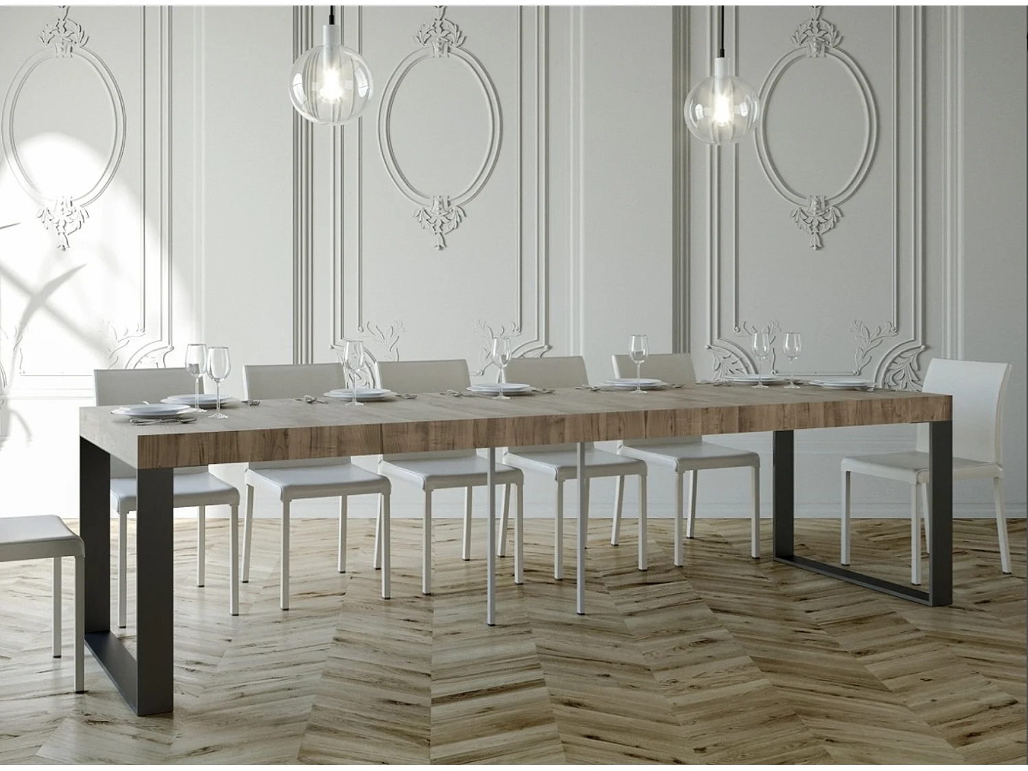 Console extensible bois et 2 pieds acier anthracite Elatra 90x40-196 ou 90x40-300-Couleur Blanc-Support 2 pieds-5 rallonges épaisses