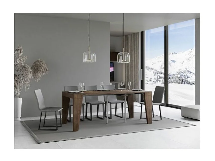 Console extensible en bois moderne 90x40-196 ou 90x40-300 Naxo-Couleur Marron-Pied et support sur roulettes-5 rallonges