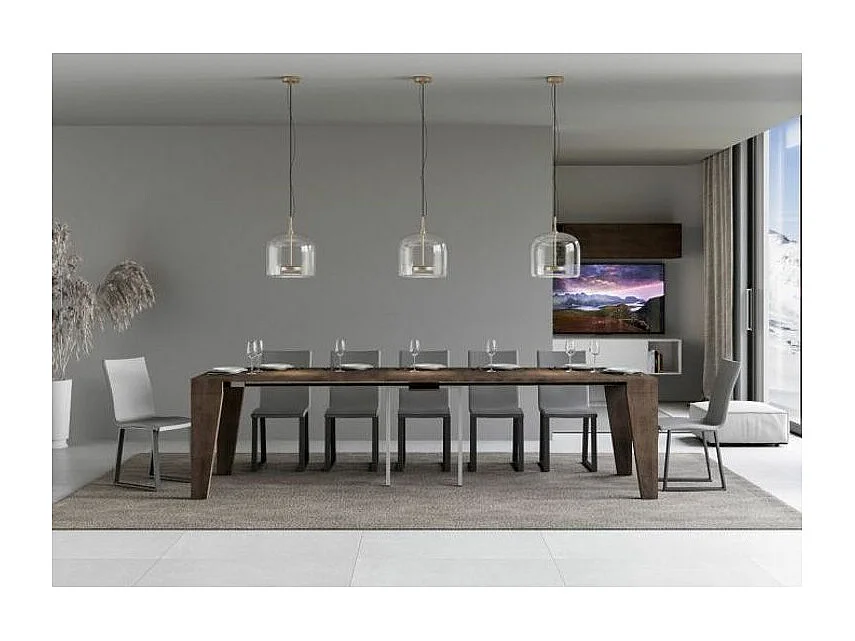 Console extensible en bois moderne 90x40-196 ou 90x40-300 Naxo-Couleur Marron-Pied et support sur roulettes-5 rallonges