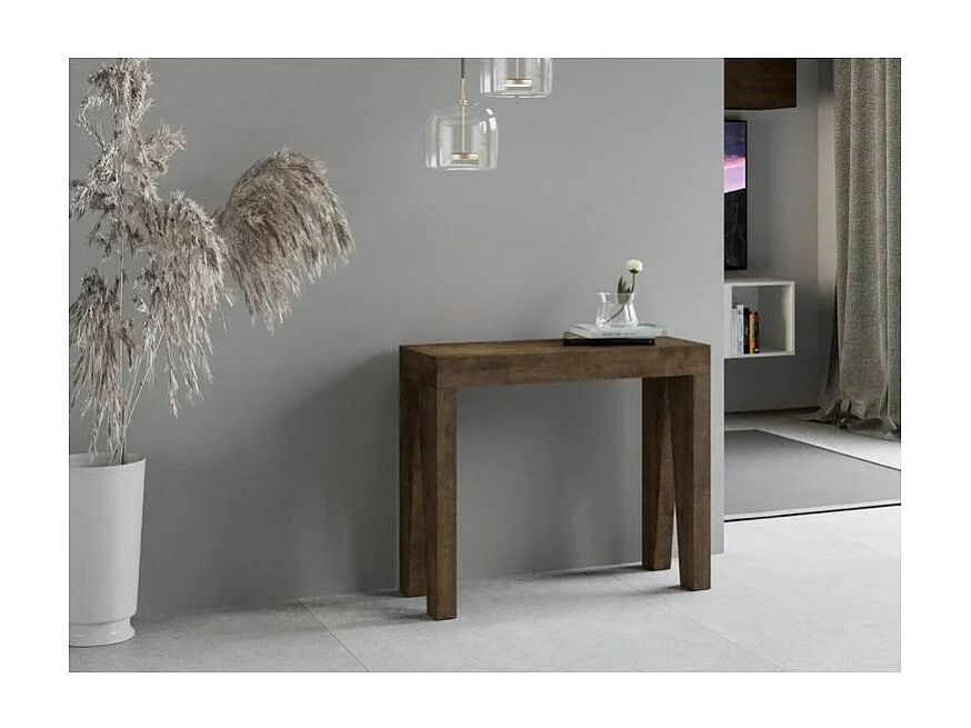 Consola extensible moderna de madera 90x40/196 o 90x40/300 cm Naxo-Color Marrón-Base y soporte con ruedas-Alargaderas 5 extensiones