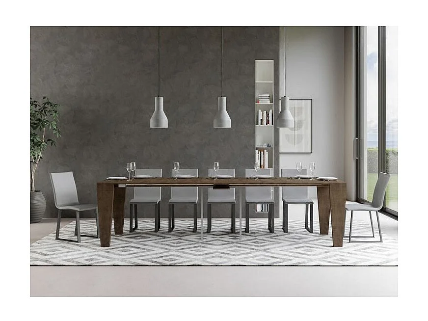 Consola extensible de madera Sambo 90x40/196 o 90x40/300 cm-Color Marrón-Soporte 4 pies-Alargaderas 5 extensiones