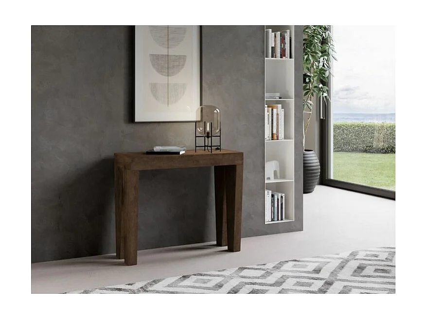 Consola extensible de madera Sambo 90x40/196 o 90x40/300 cm-Color Marrón-Soporte 4 pies-Alargaderas 5 extensiones