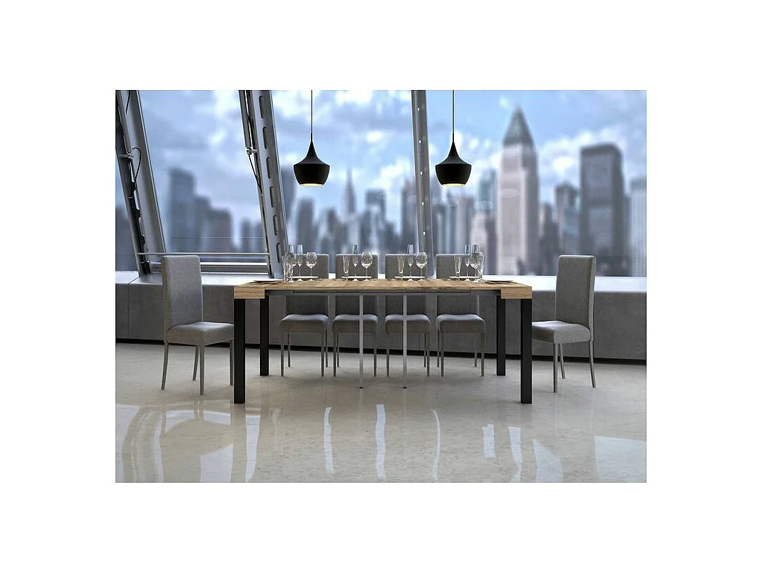 Console extensible bois et acier anthracite Elvira 90x40-196 ou 90x40-300-Couleur Naturel-Support 4 pieds-3 rallonges