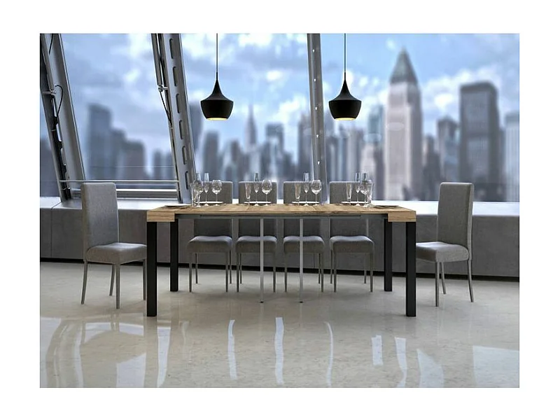 Uitschuifbare console in hout en antraciet staal Elvira 90x40/196 of 90x40/300 cm-Kleur Natuurlijk-Steun 4 voet-Verlengsnoeren 3 uitbreidingen