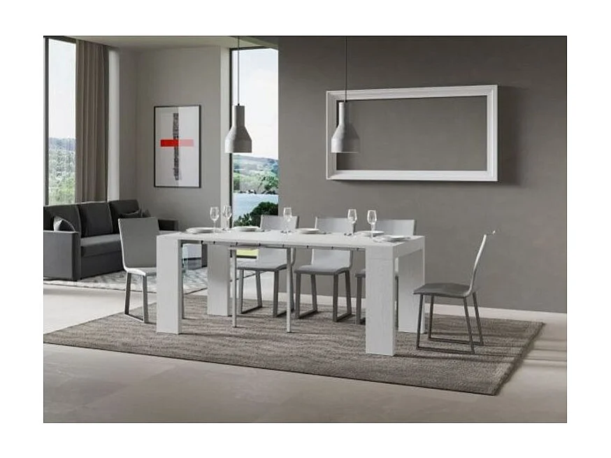 Console extensible en bois Ribo 90x40-196 ou 90x40-300-Couleur Blanc-Support 4 pieds-5 rallonges