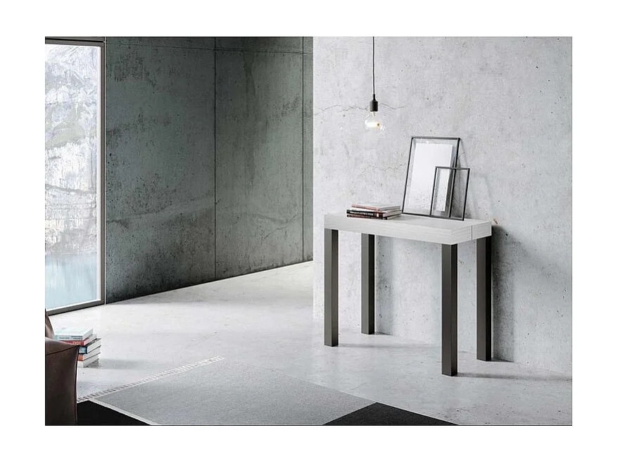 Uitschuifbare console in hout en antraciet staal Elvira 90x40/196 of 90x40/300 cm-Kleur Wit-Steun 4 voet-Verlengsnoeren 5 uitbreidingen