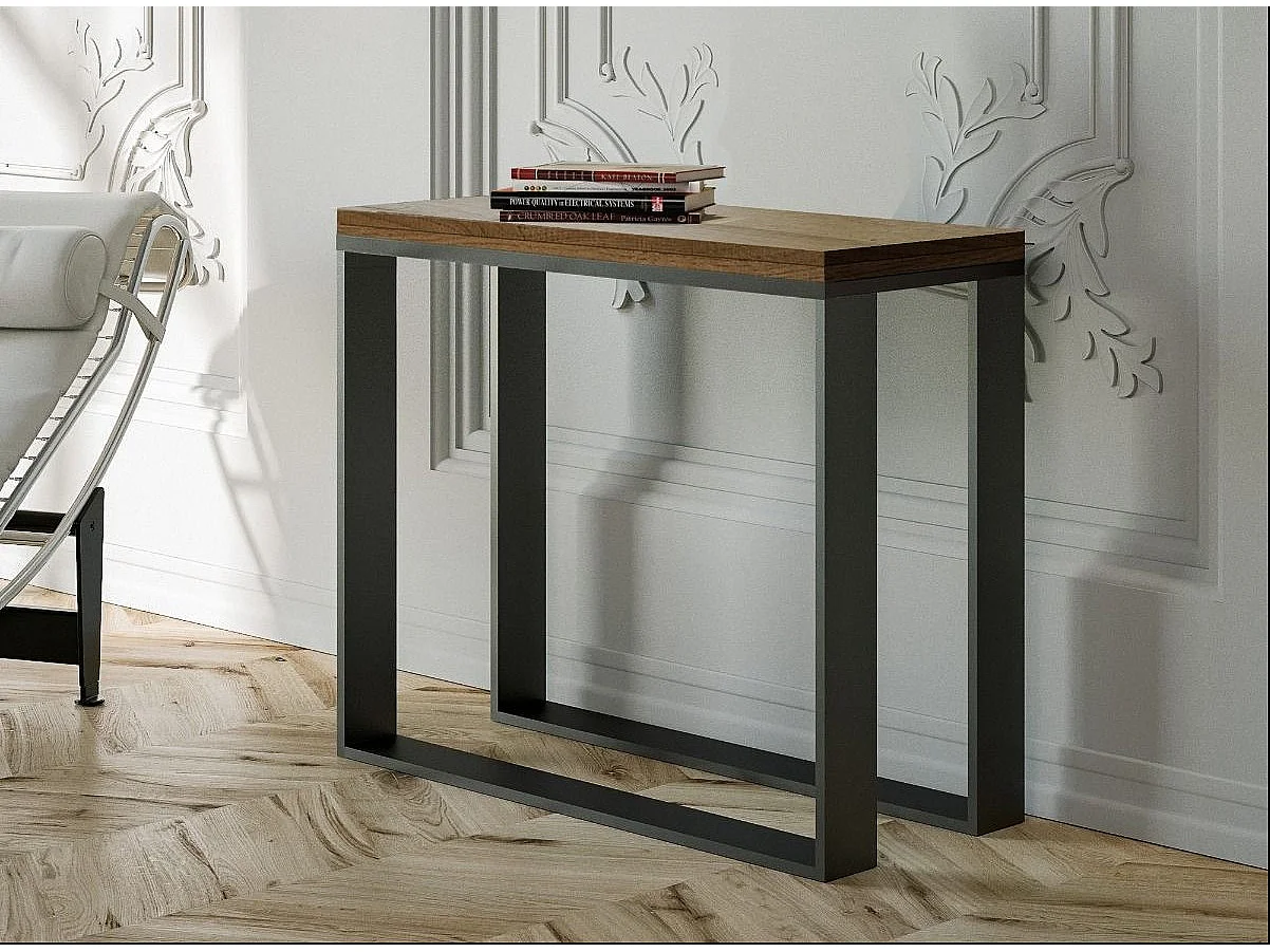 Console extensible bois et 2 pieds acier anthracite Elatra 90x40-196 ou 90x40-300-Couleur Naturel-Support 2 pieds-Rallonges 1 rallonge fine