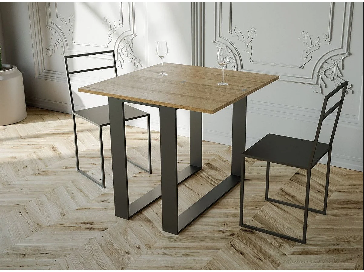 Console extensible bois et 2 pieds acier anthracite Elatra 90x40-196 ou 90x40-300-Couleur Naturel-Support 2 pieds-Rallonges 1 rallonge fine