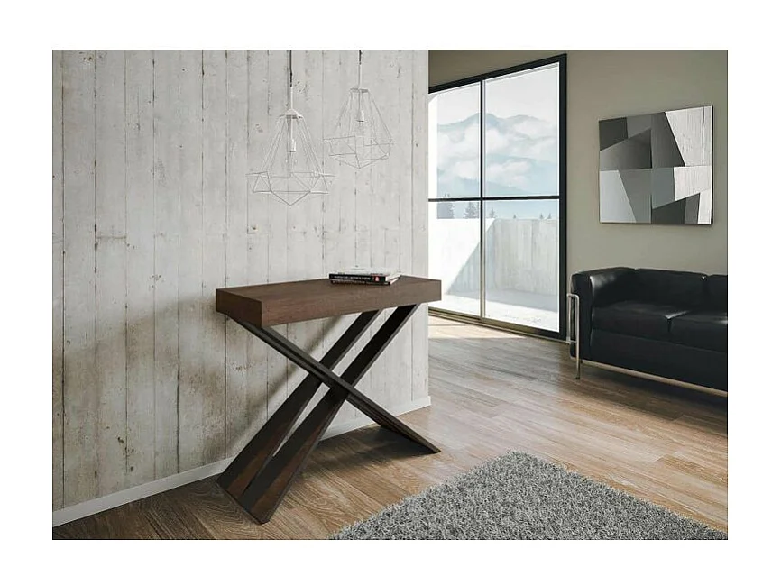 Diago uitschuifbare console design in hout en gekruiste antraciet stalen poten 90x40/196 of 90x40/300 cm-Kleur Bruin-Steun 2 voet-Verlengsnoeren 5 dikke extensies