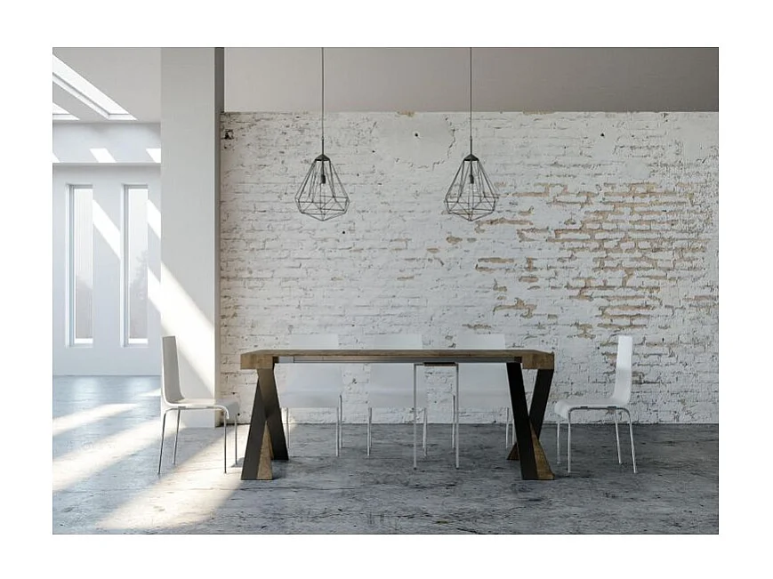 Diago uitschuifbare console design in hout en gekruiste antraciet stalen poten 90x40/196 of 90x40/300 cm-Kleur Bruin-Steun 2 voet-Verlengsnoeren 5 dikke extensies