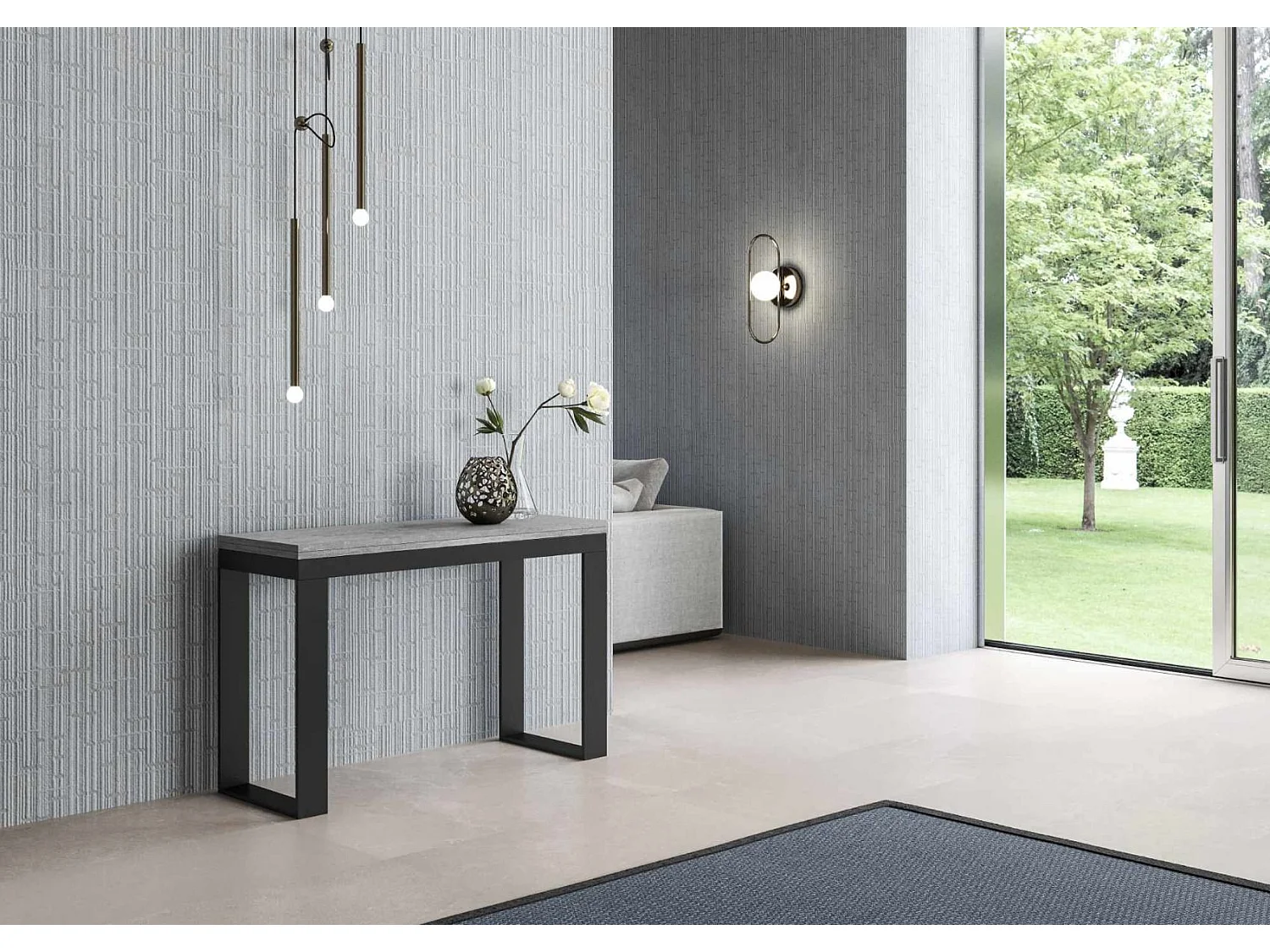 Console extensible double plateau 120x45-90 ou 120-200x45-90 Kouta-Couleur Gris ciment-Largeur 120 cm