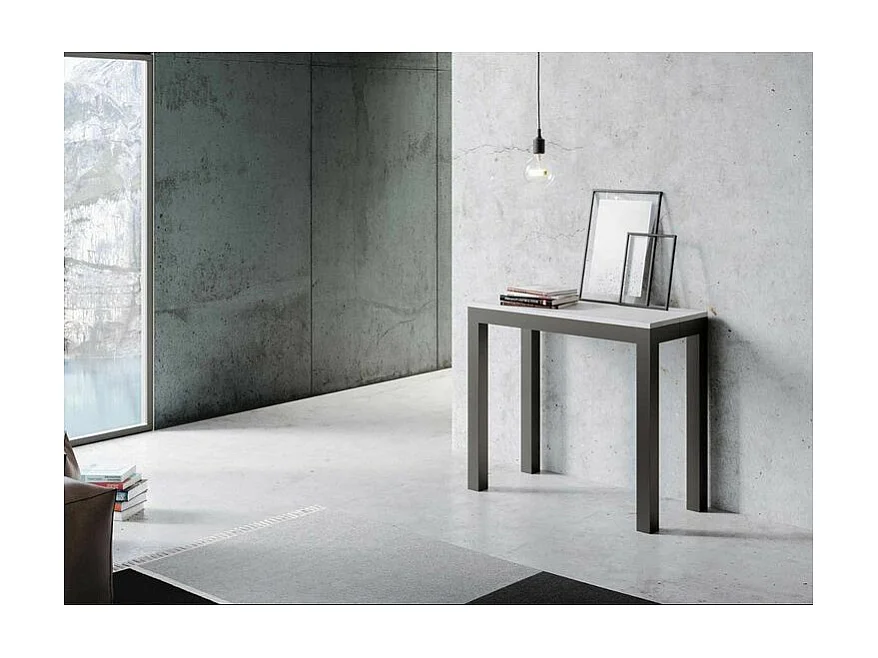 Uitschuifbare console in hout en antraciet staal Monteros 90x40/196 of 90x40/300 cm-Kleur Wit-Voet en steun op zwenkwielen-Verlengsnoeren 3 uitbreidingen