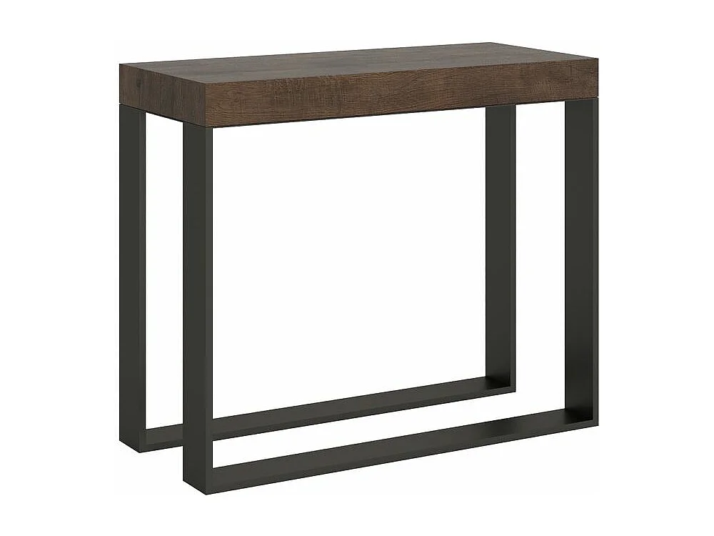 Console extensible bois et 2 pieds acier anthracite Elatra 90x40-196 ou 90x40-300-Couleur Marron-Support 2 pieds-3 rallonges épaisses