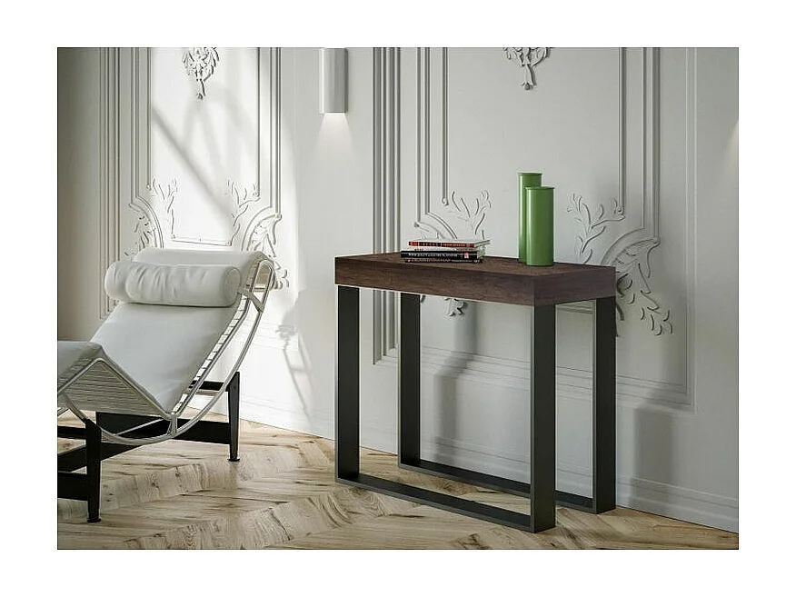 Console extensible bois et 2 pieds acier anthracite Elatra 90x40-196 ou 90x40-300-Couleur Marron-Support 2 pieds-3 rallonges épaisses