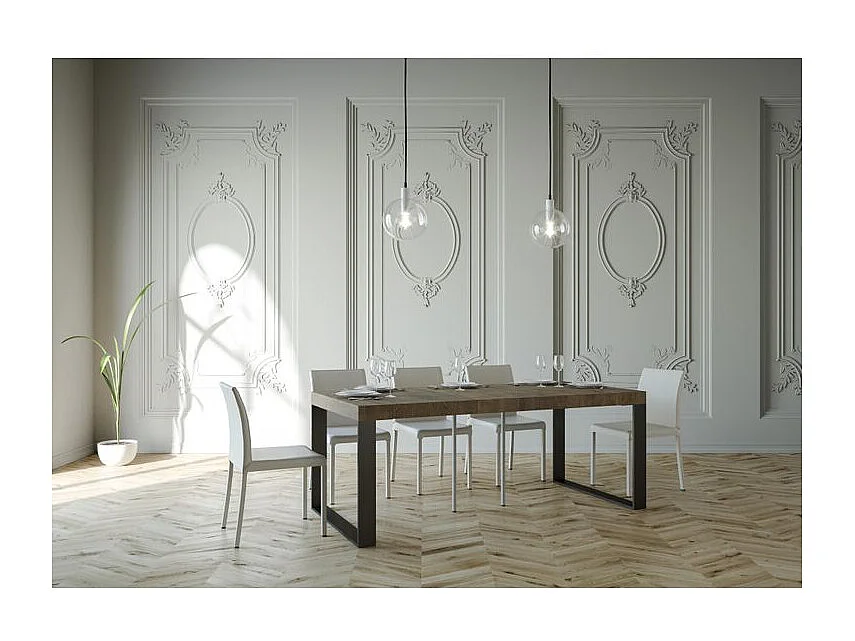 Console extensible bois et 2 pieds acier anthracite Elatra 90x40-196 ou 90x40-300-Couleur Marron-Support 2 pieds-3 rallonges épaisses