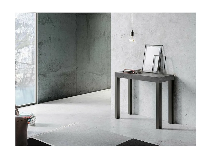 Console extensible bois et acier anthracite Elvira 90x40-196 ou 90x40-300-Couleur Gris ciment-Support 4 pieds-3 rallonges