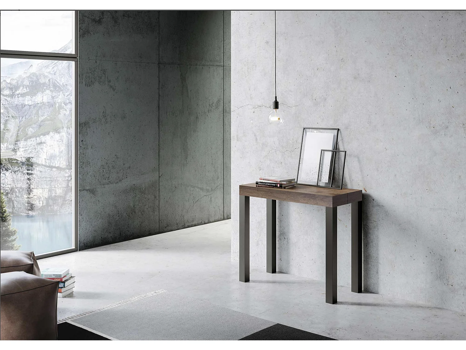 Uitschuifbare console in hout en antraciet staal Elvira 90x40/196 of 90x40/300 cm-Kleur Cementgrijs-Steun 4 voet-Verlengsnoeren 3 uitbreidingen