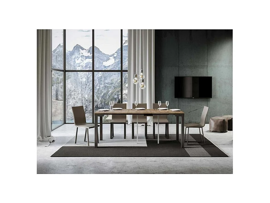 Consola extensible en madera y acero antracita Monteros 90x40/196 o 90x40/300 cm-Color Marrón-Base y soporte con ruedas-Alargaderas 3 extensiones