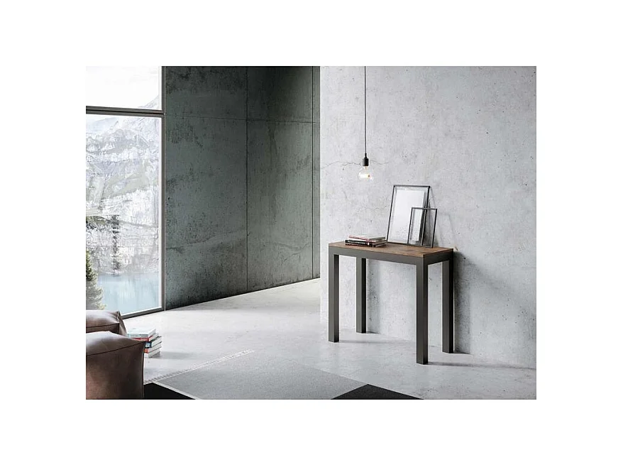 Consola extensible en madera y acero antracita Monteros 90x40/196 o 90x40/300 cm-Color Marrón-Base y soporte con ruedas-Alargaderas 3 extensiones