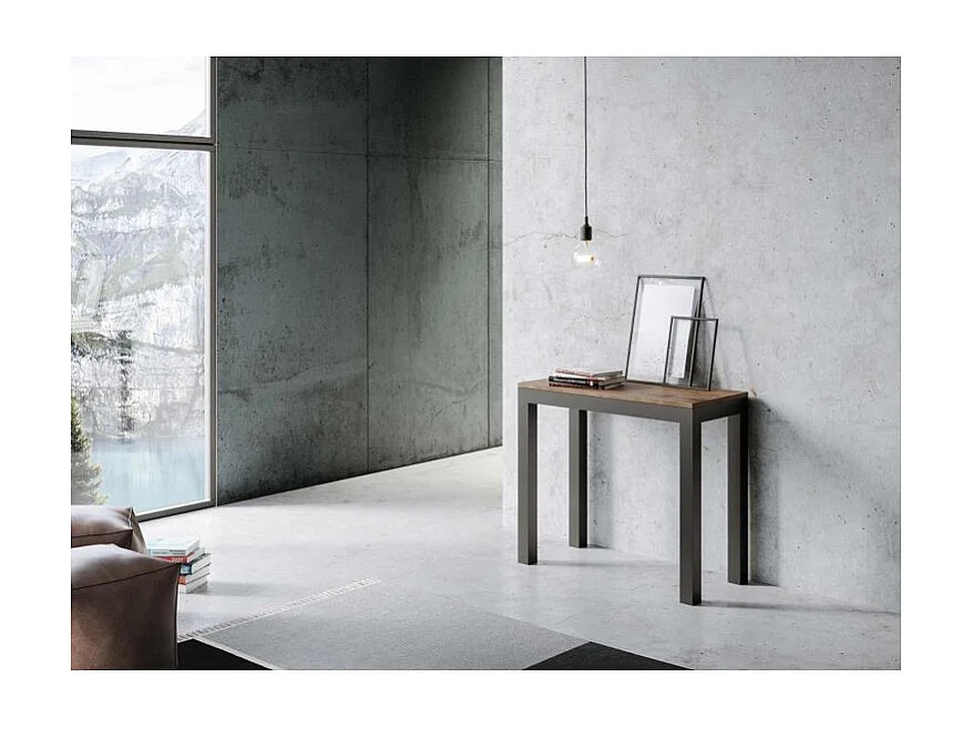 Uitschuifbare console in hout en antraciet staal Monteros 90x40/196 of 90x40/300 cm-Kleur Bruin-Voet en steun op zwenkwielen-Verlengsnoeren 3 uitbreidingen