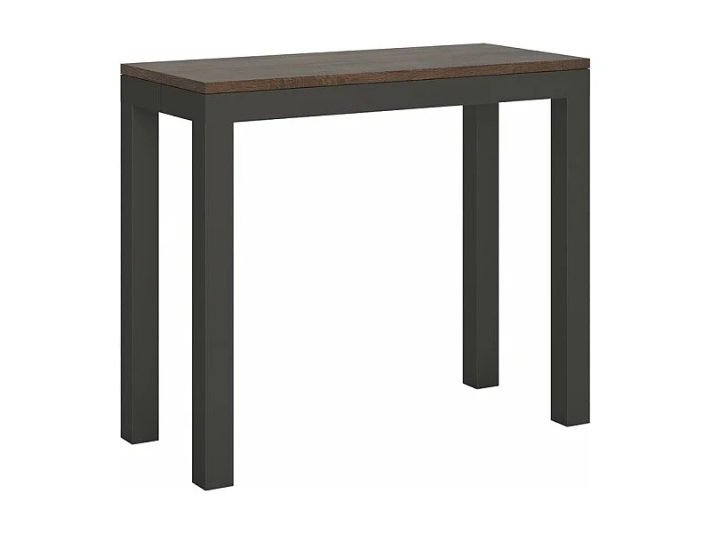 Uitschuifbare console in hout en antraciet staal Monteros 90x40/196 of 90x40/300 cm-Kleur Bruin-Voet en steun op zwenkwielen-Verlengsnoeren 3 uitbreidingen