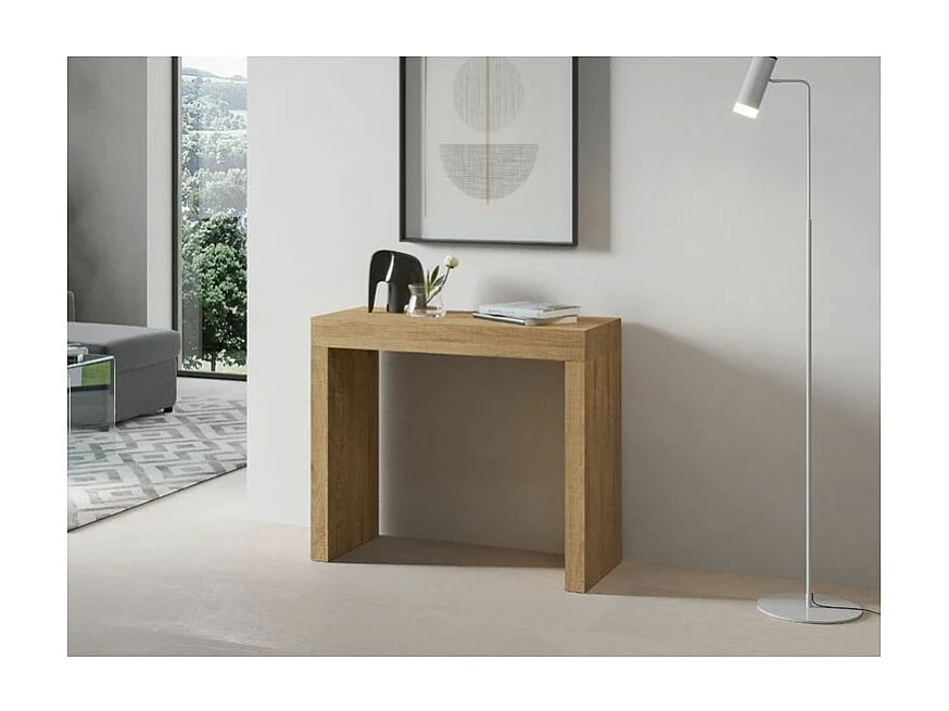 Consola extensible de madera Ribo 90x40/196 o 90x40/300 cm-Color Natural-Soporte 4 pies-Alargaderas 5 extensiones