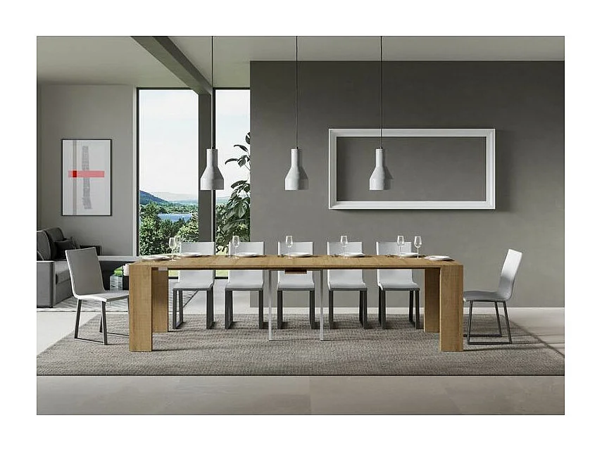 Consola extensible de madera Ribo 90x40/196 o 90x40/300 cm-Color Natural-Soporte 4 pies-Alargaderas 5 extensiones