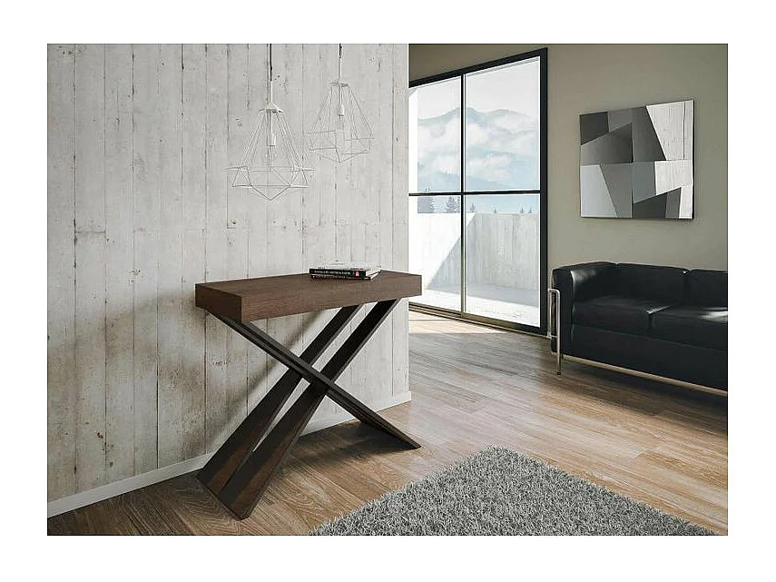 Console extensible design bois et pieds croisés acier anthracite Diago 90x40-196 ou 90x40-300-Couleur Marron-Support 4 pieds-3 rallonges fines