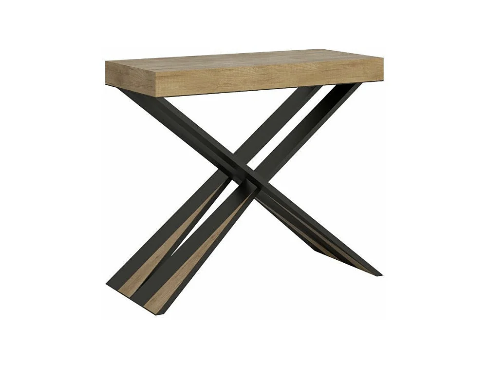 Consola extensible de diseño Diago en madera y patas cruzadas de acero antracita 90x40/196 o 90x40/300 cm-Color Marrón-Soporte 4 pies-3 alargaderas finas