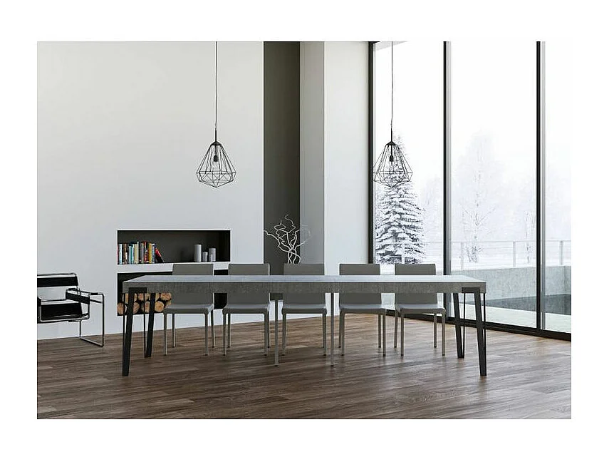 Console extensible design bois et acier anthracite Konta 90x40-196 ou 90x40-300-Couleur Gris ciment-Support 4 pieds-5 rallonges épaisses