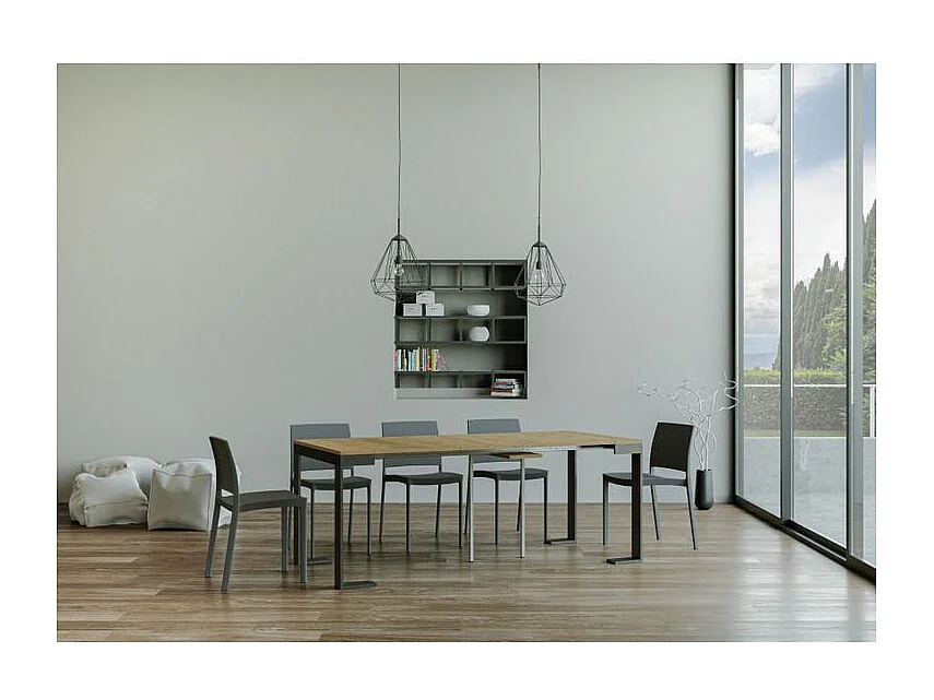 Console extensible bois et acier Tiko 90x40-196 ou 90x40-300-Couleur Naturel-Support 2 pieds-3 rallonges